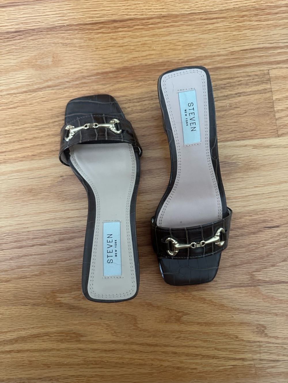 Steven by Steve Madden Brown Croc-Embossed Slide Mules with Gold Accent